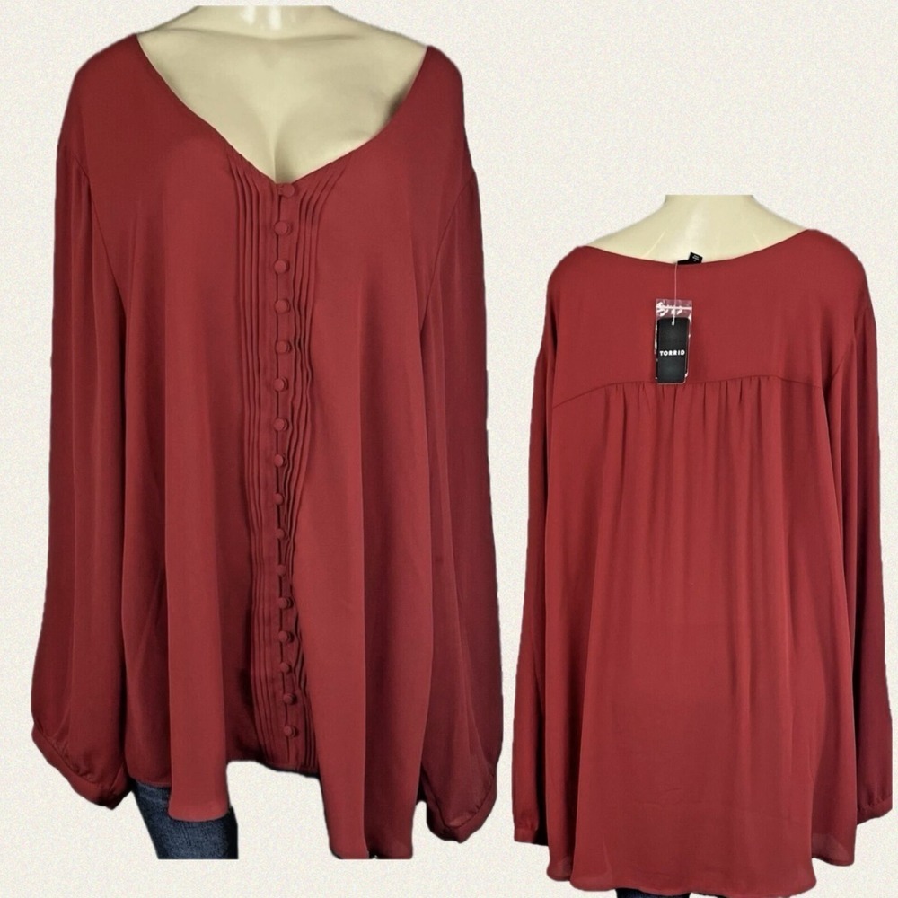 Torrid +5 Crimson Red Button Down V-Neck Pintuck Detail Flowy Long Sleeve Blouse